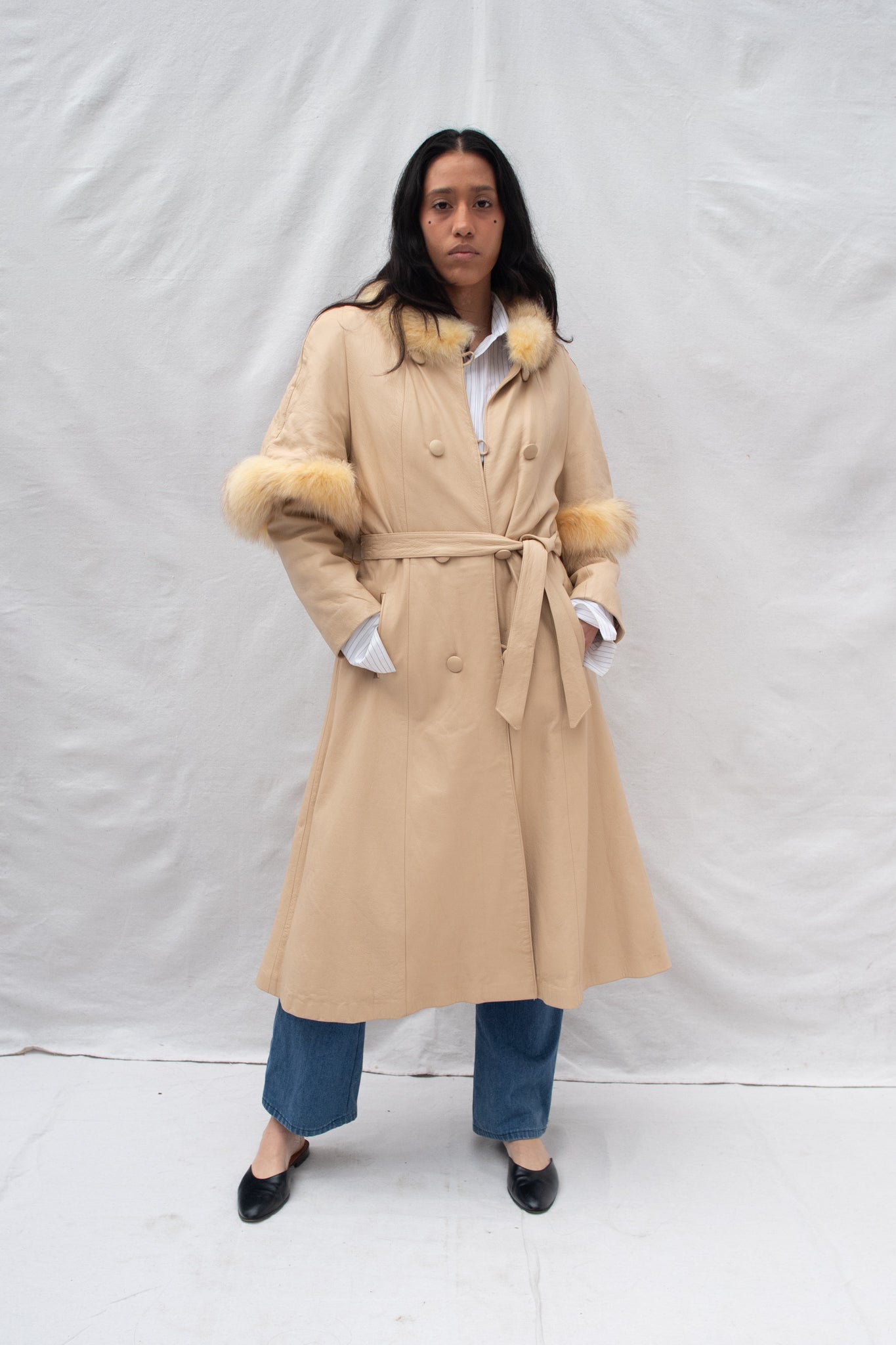 Cream Leather Fur Cape Coat