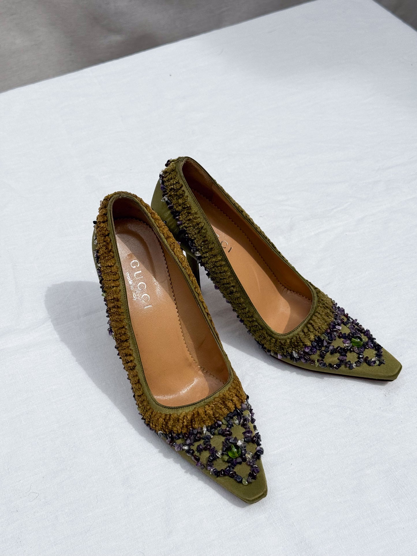 Gucci Olive Satin Crystal Pebble Heels