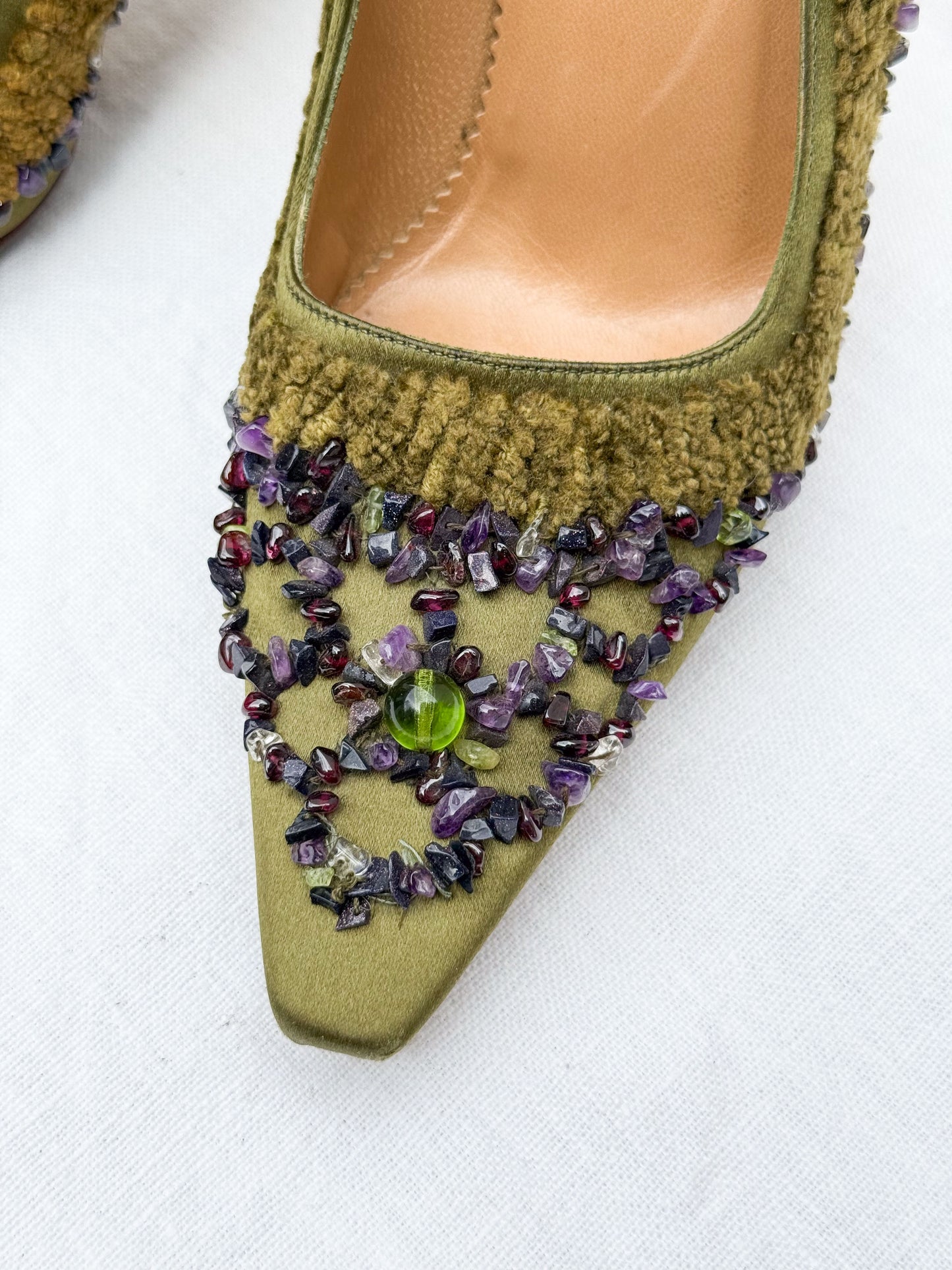 Gucci Olive Satin Crystal Pebble Heels