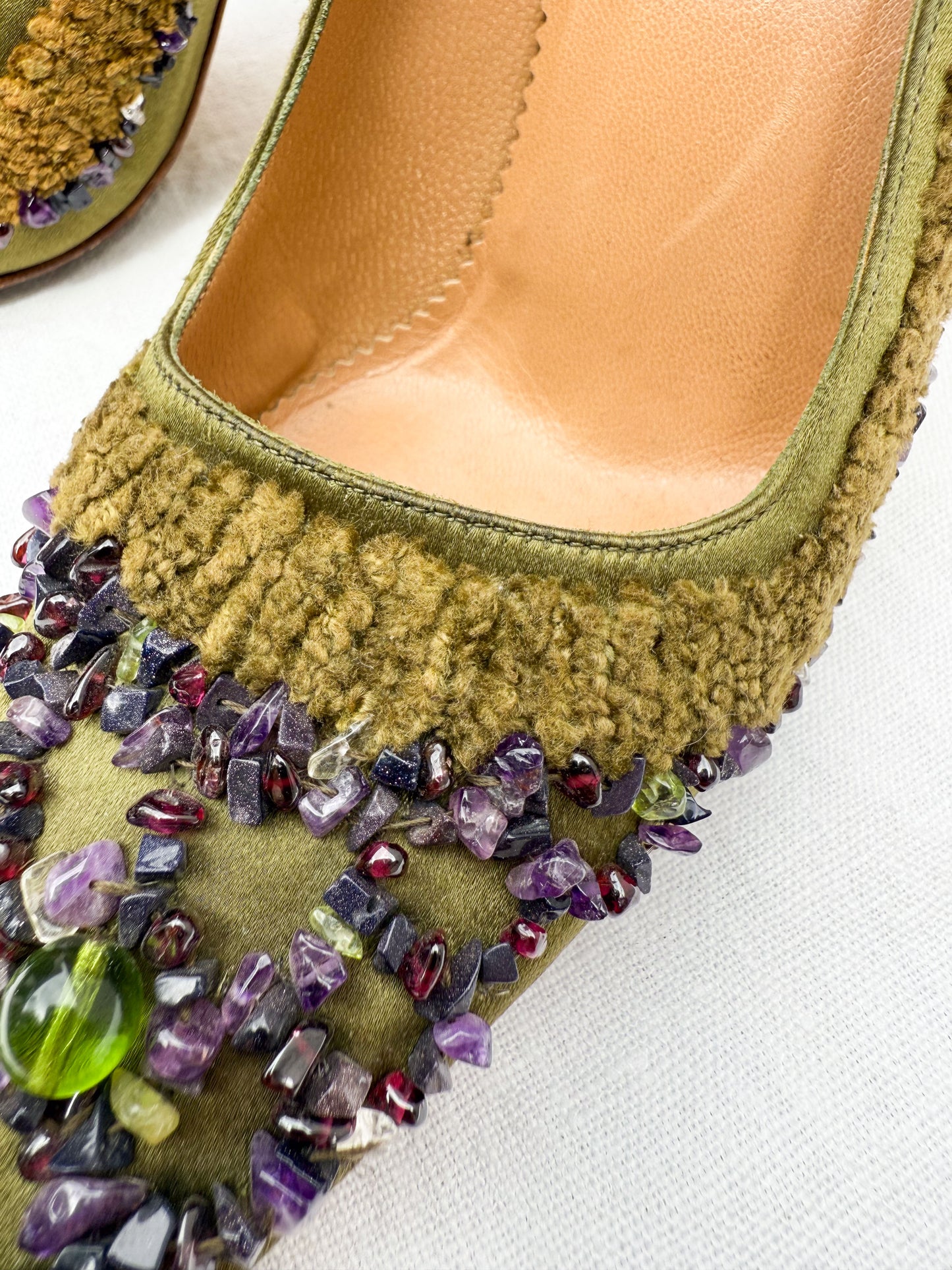 Gucci Olive Satin Crystal Pebble Heels