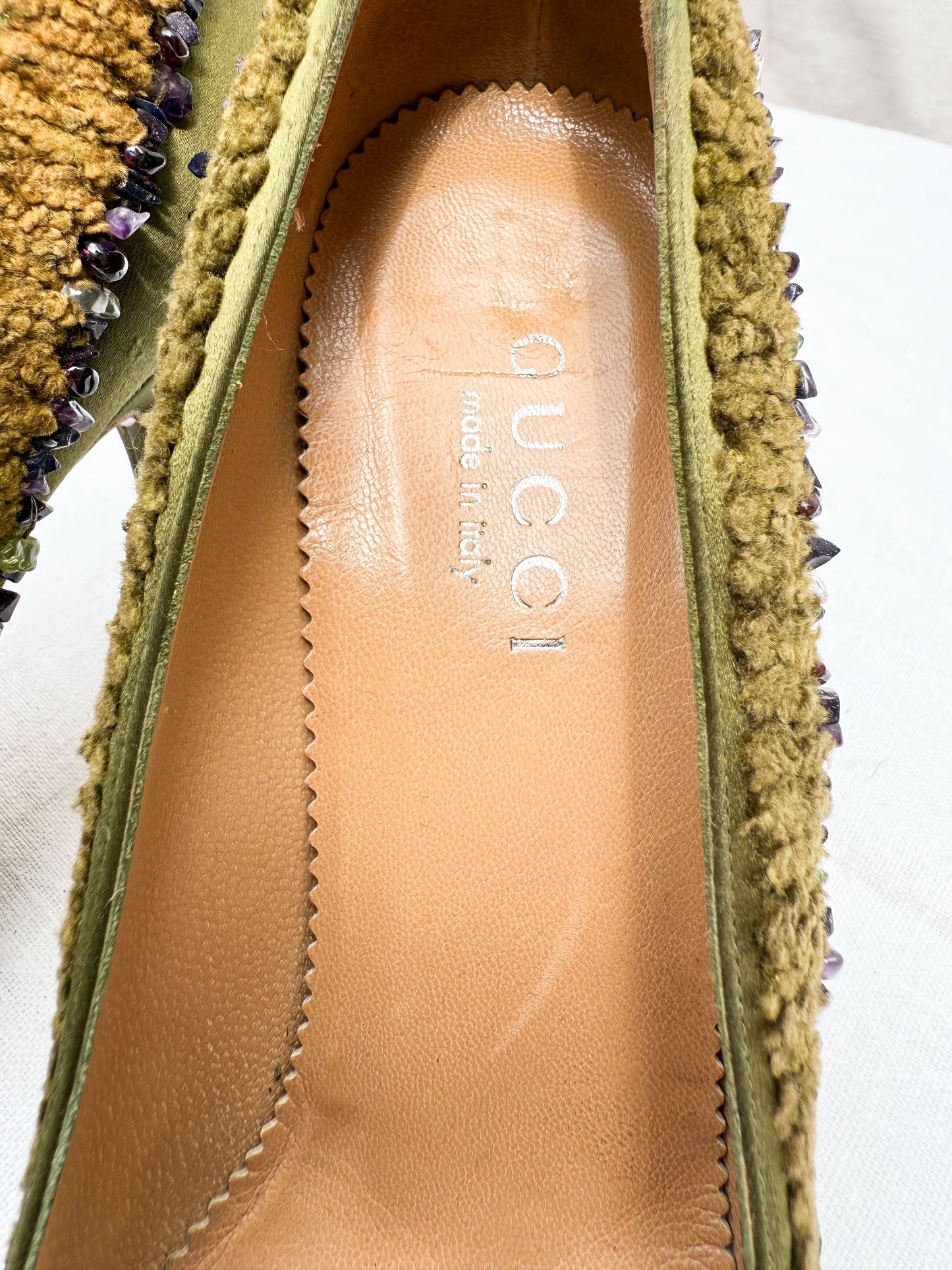 Gucci Olive Satin Crystal Pebble Heels