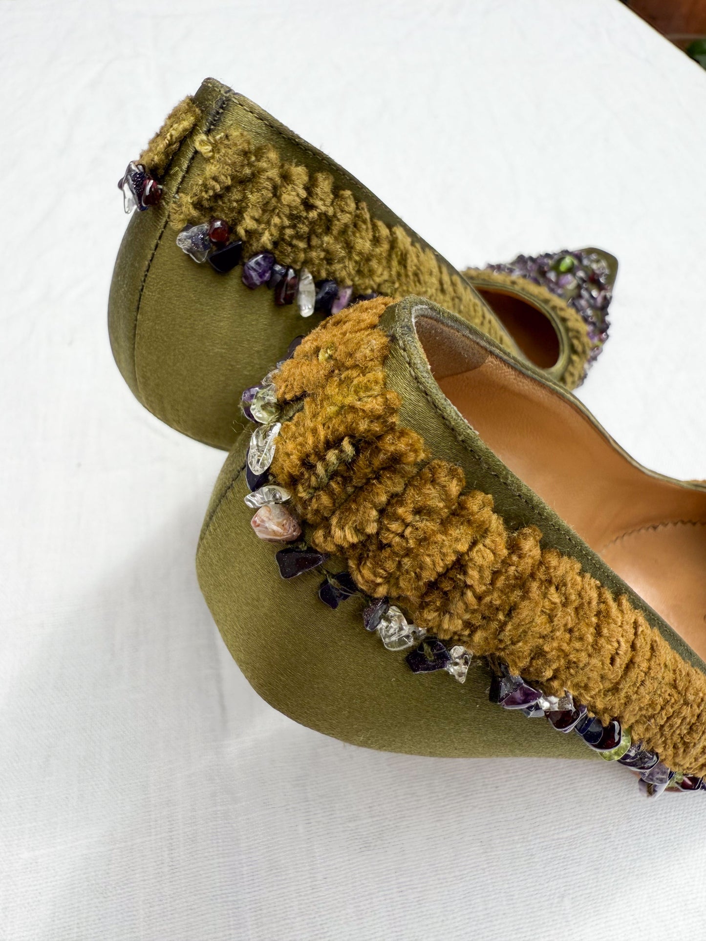 Gucci Olive Satin Crystal Pebble Heels