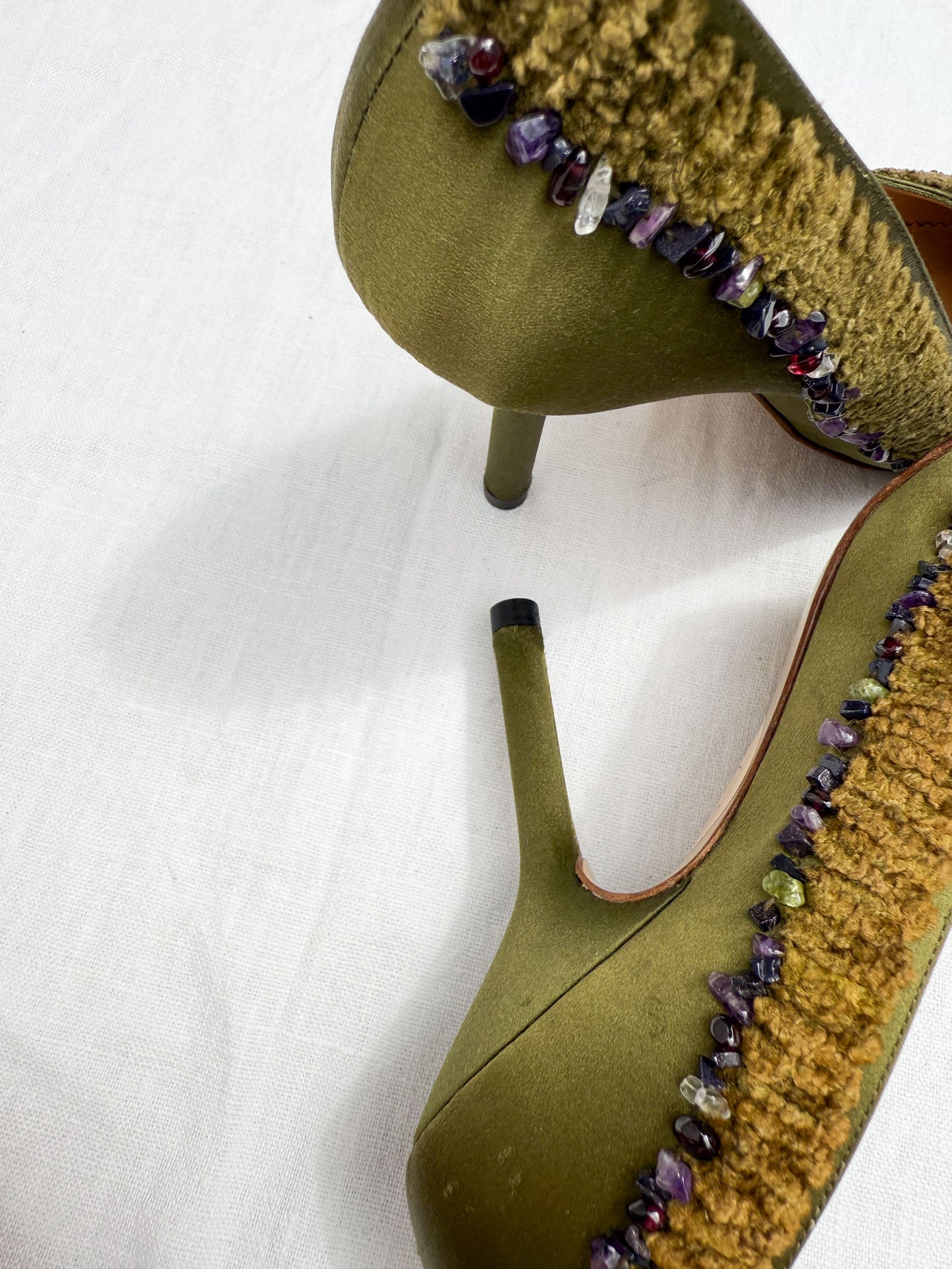 Gucci Olive Satin Crystal Pebble Heels