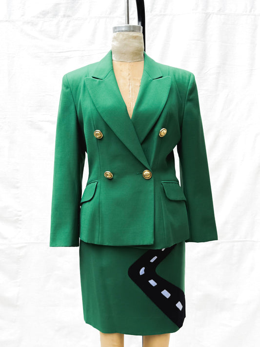 1980's Moschino Green Cow Crossing Skirt Suit