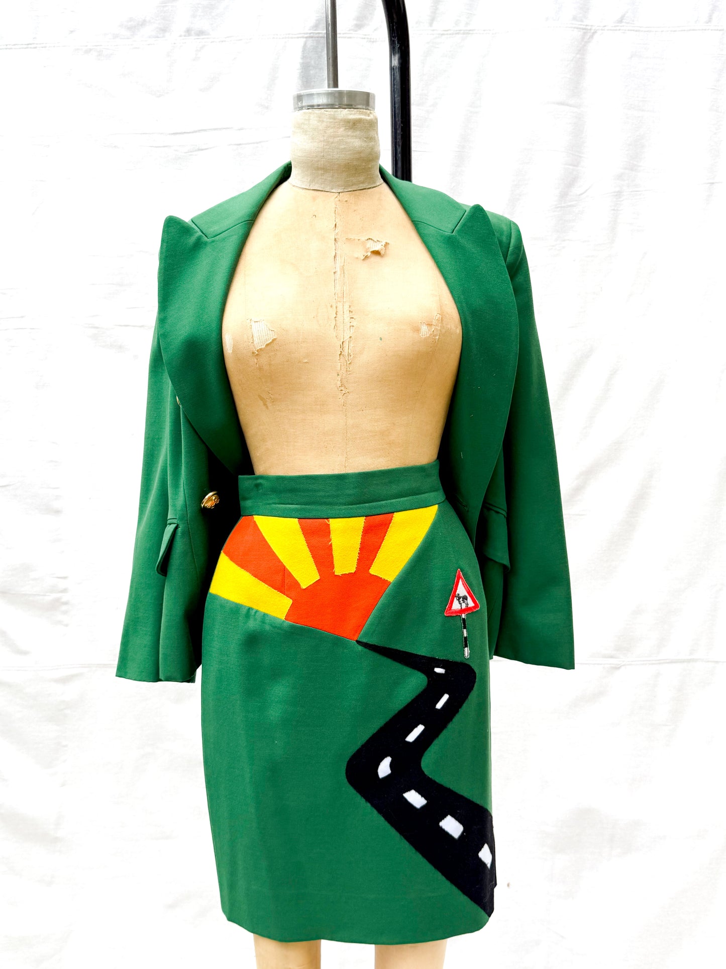 1980's Moschino Green Cow Crossing Skirt Suit