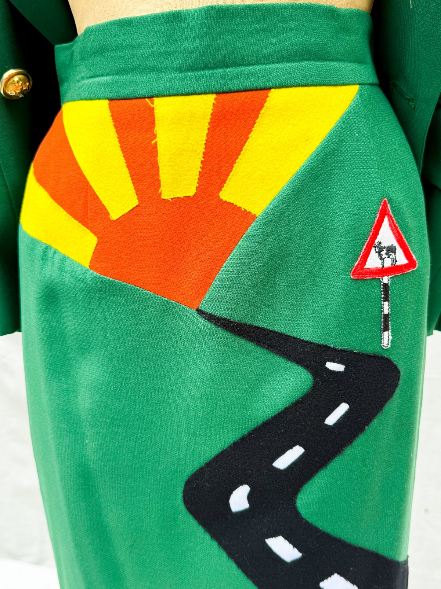 1980's Moschino Green Cow Crossing Skirt Suit