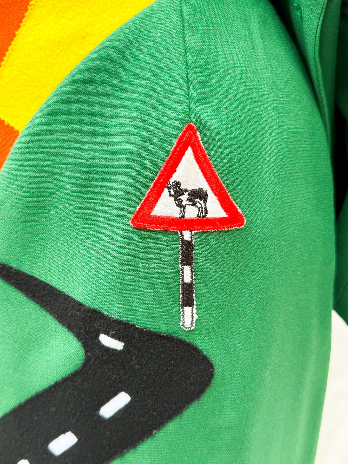 1980's Moschino Green Cow Crossing Skirt Suit