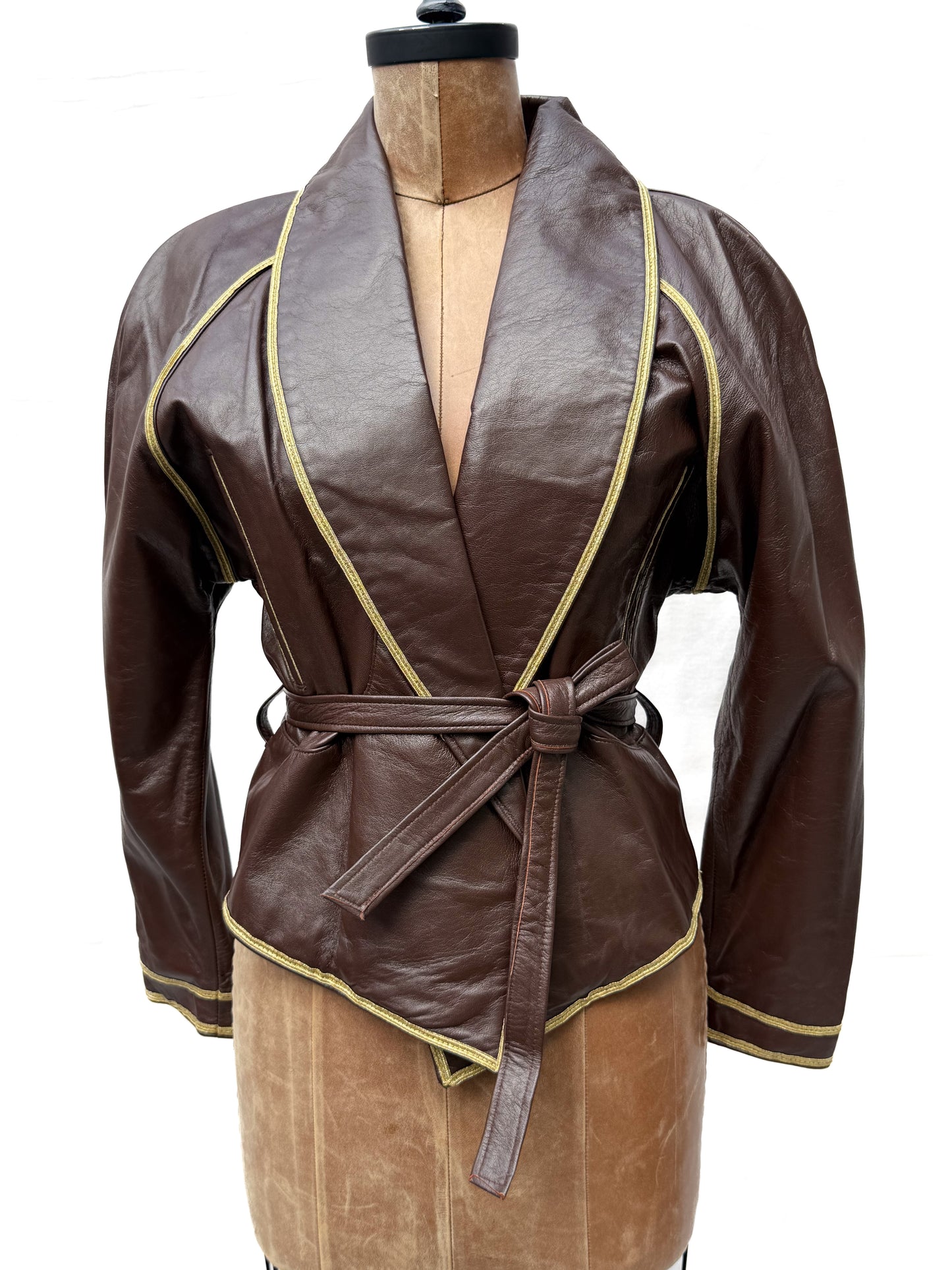 1980's Twins Chocolate Leather Gold Trim Jacket