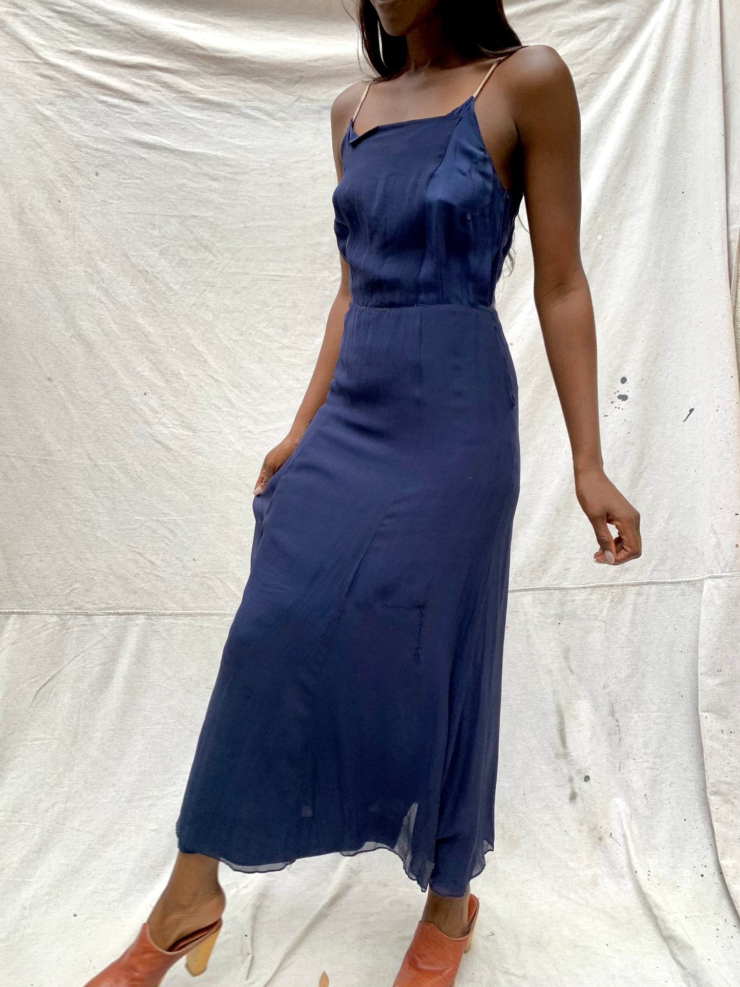 Navy Silk Chiffon Slip Dress