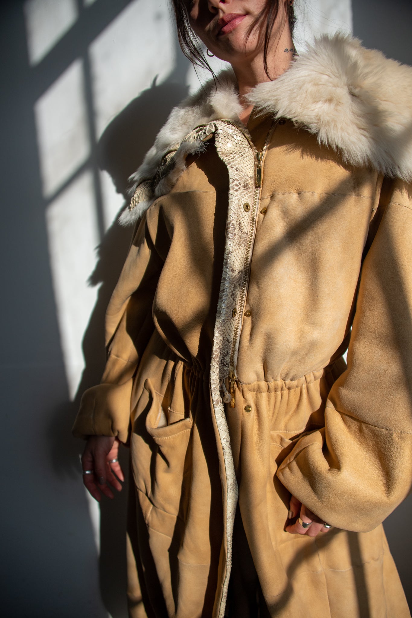 Roberto Cavalli 2003 Shearling Snake Suede Coat