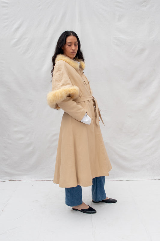Cream Leather Fur Cape Coat