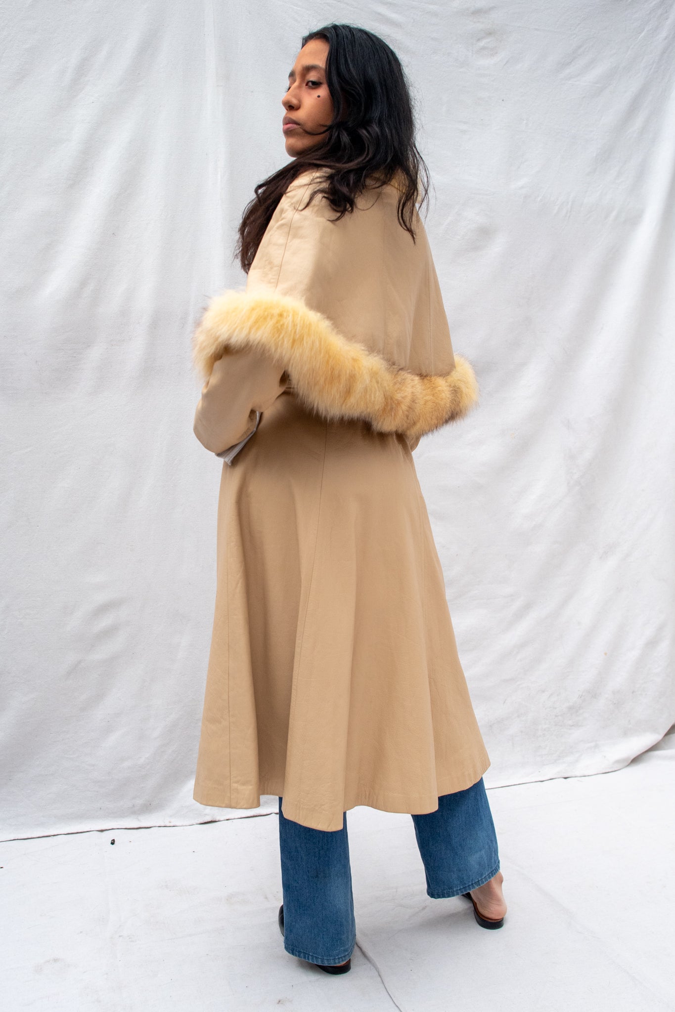 Cream Leather Fur Cape Coat