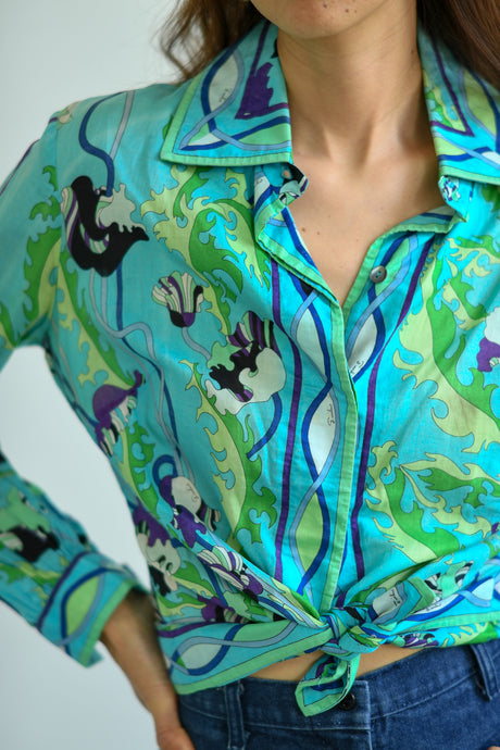 Emilio Pucci Aqua Button Down Blouse